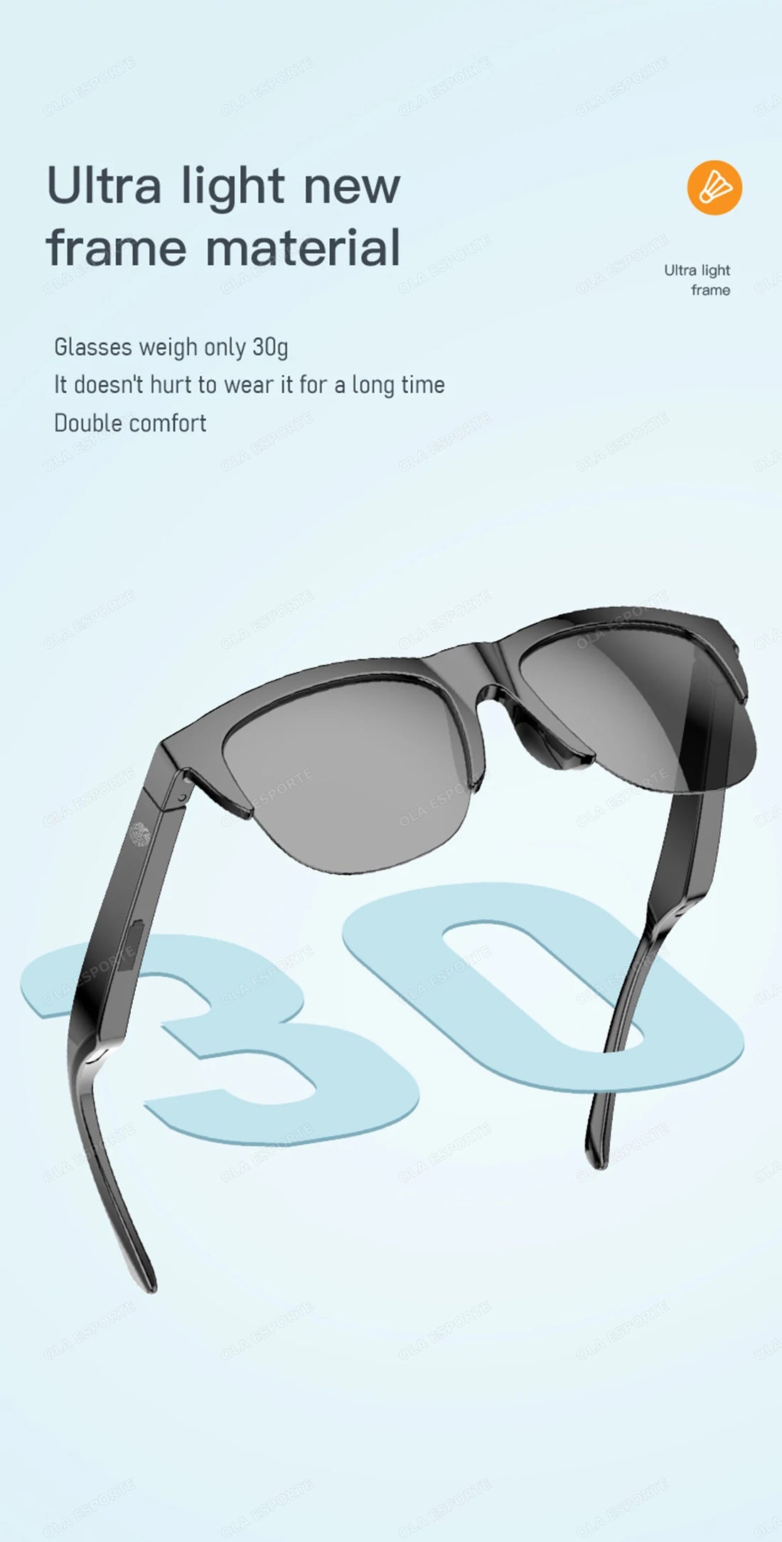 Sunglasses with text about ultra-light frame material on a light blue background