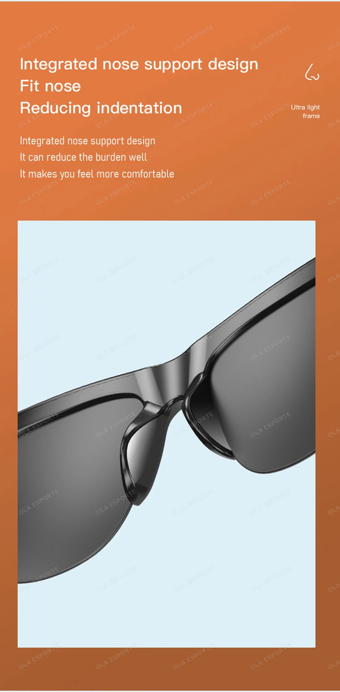 Sunglasses with integrated nose support design on a light blue background