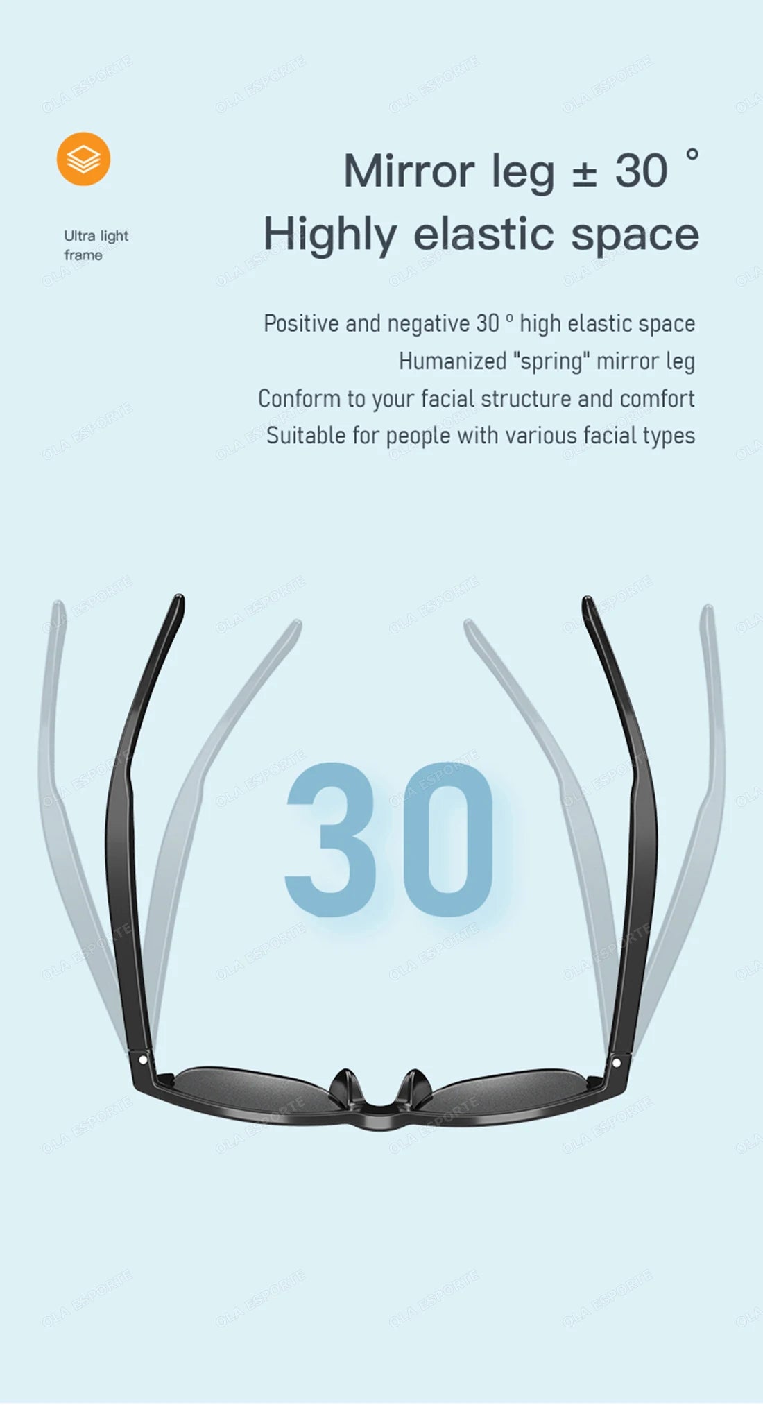 Sunglasses with a mirror leg design on a light blue background