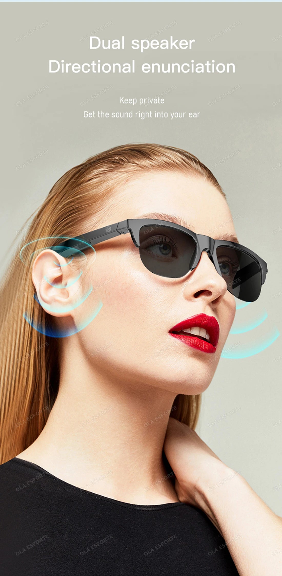 Woman wearing sunglasses with a focus on dual speaker directional enunciation feature.