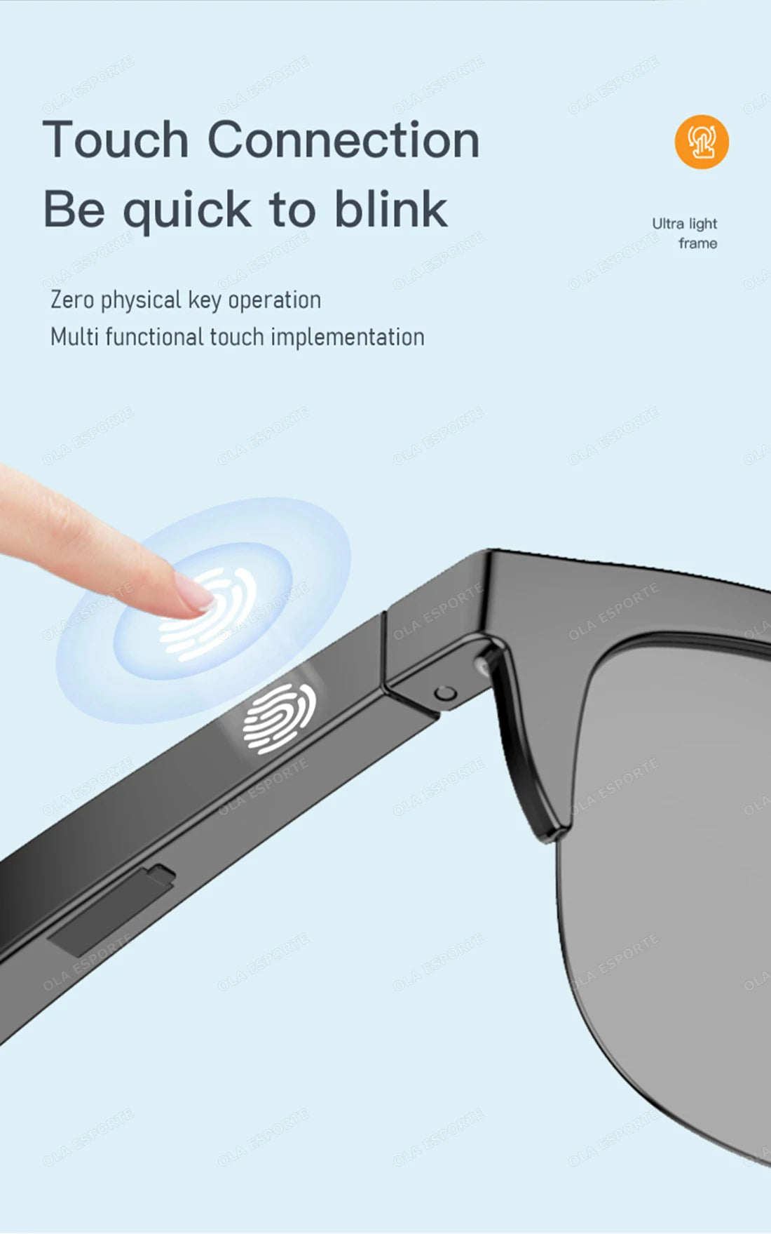 Sunglasses with touch connection feature on a light blue background