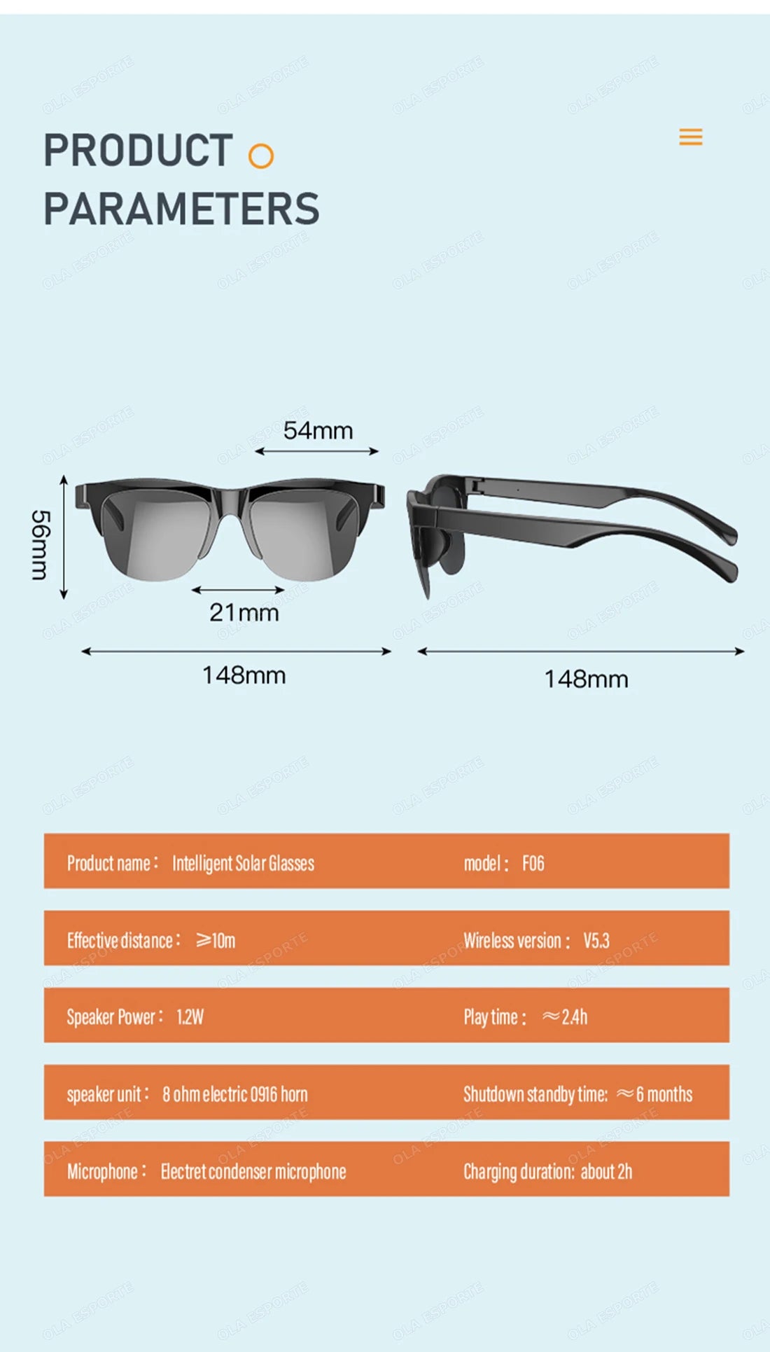 Product parameters of a pair of sunglasses with dimensions and features listed.
