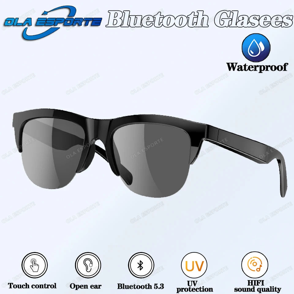 Black Bluetooth glassees with features on a white background
