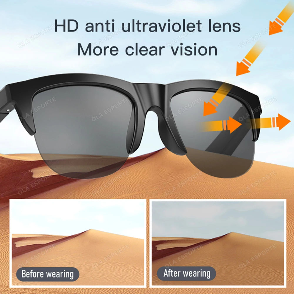 Sunglasses with anti-ultraviolet lens feature, showing clear vision improvement over sand dunes.