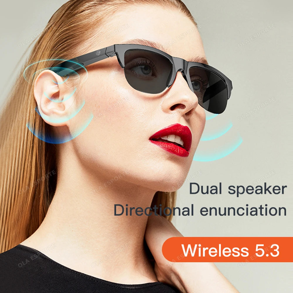 Woman wearing sunglasses with text indicating dual speaker and wireless 5.3 features.