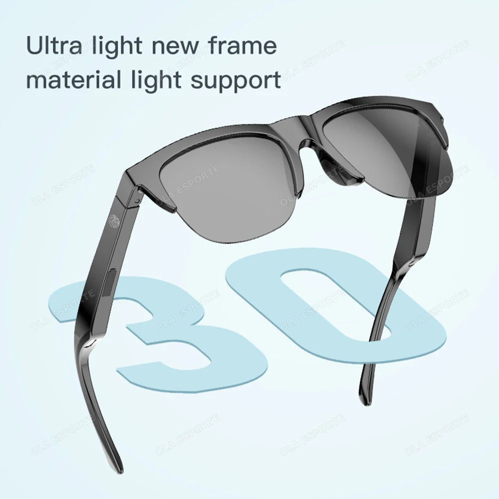 Sunglasses with ultra-light frame material on a light blue background