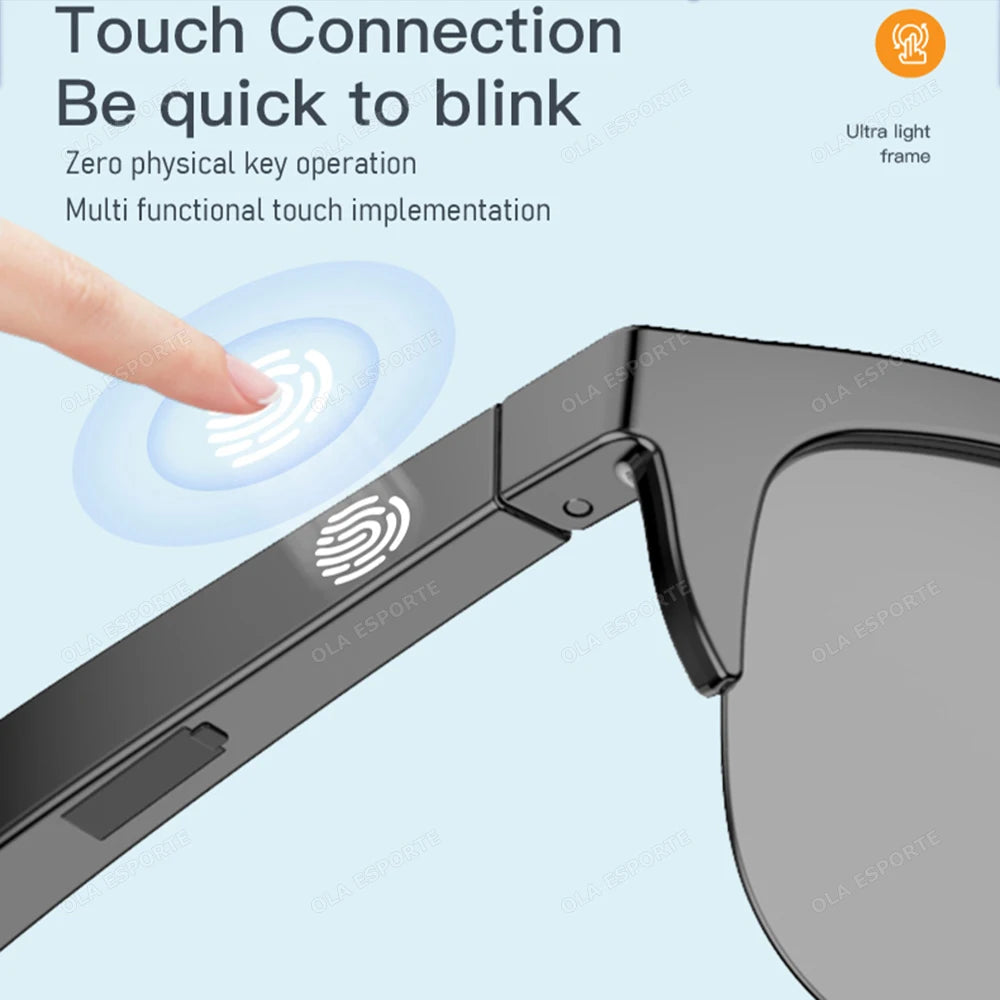 Sunglasses with touch connection feature and text on a light blue background