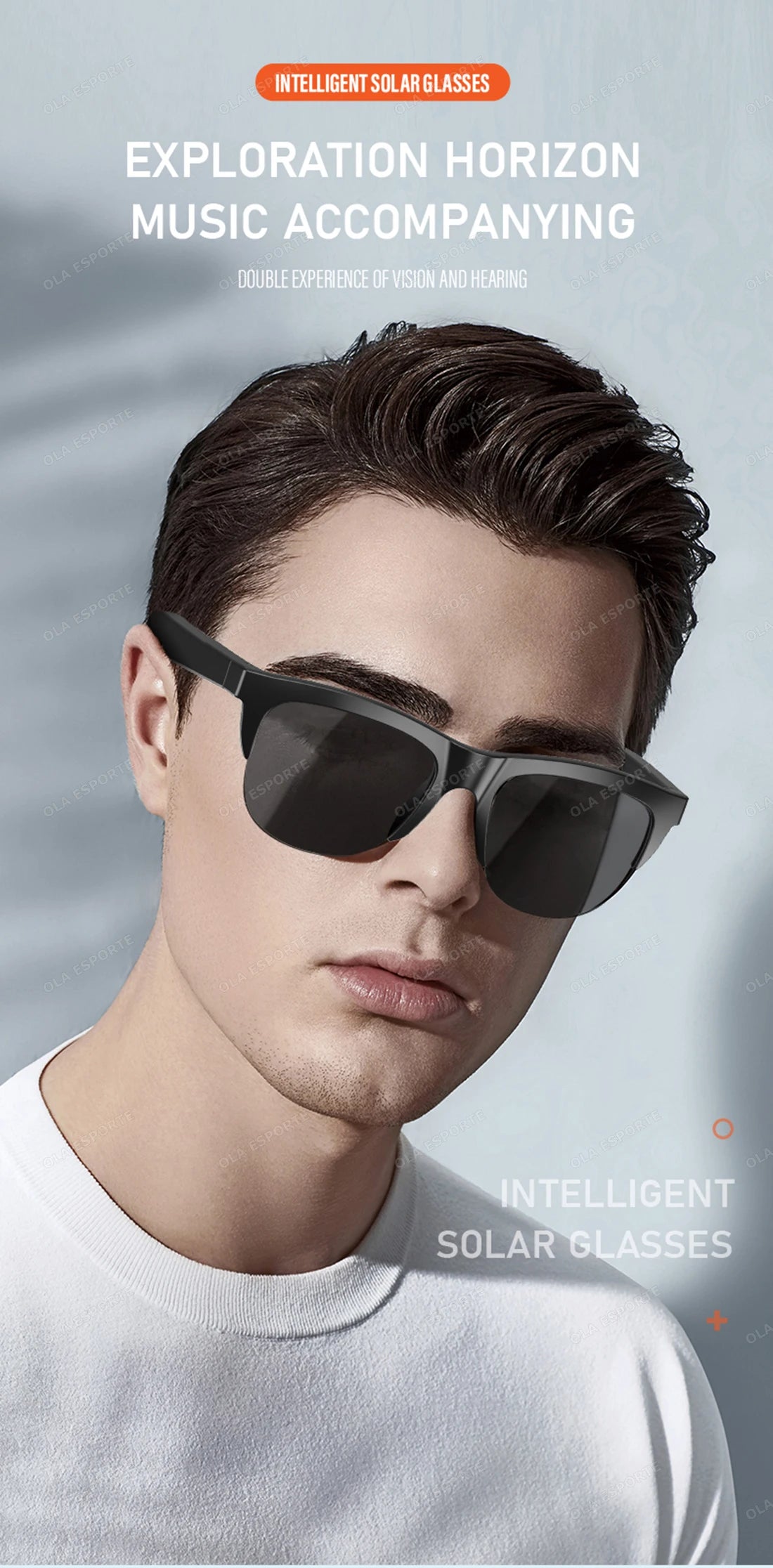 Person wearing intelligent solar glasses with a neutral background