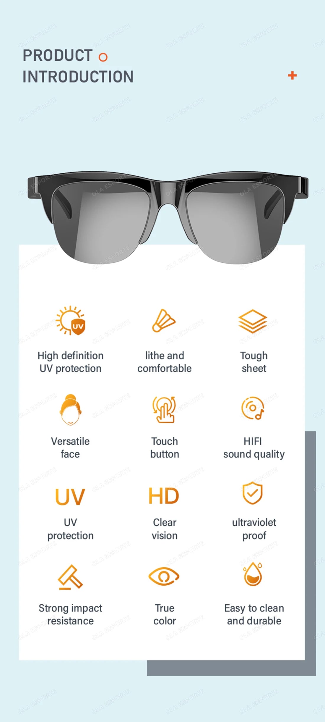 Sunglasses with features listed on a light blue background