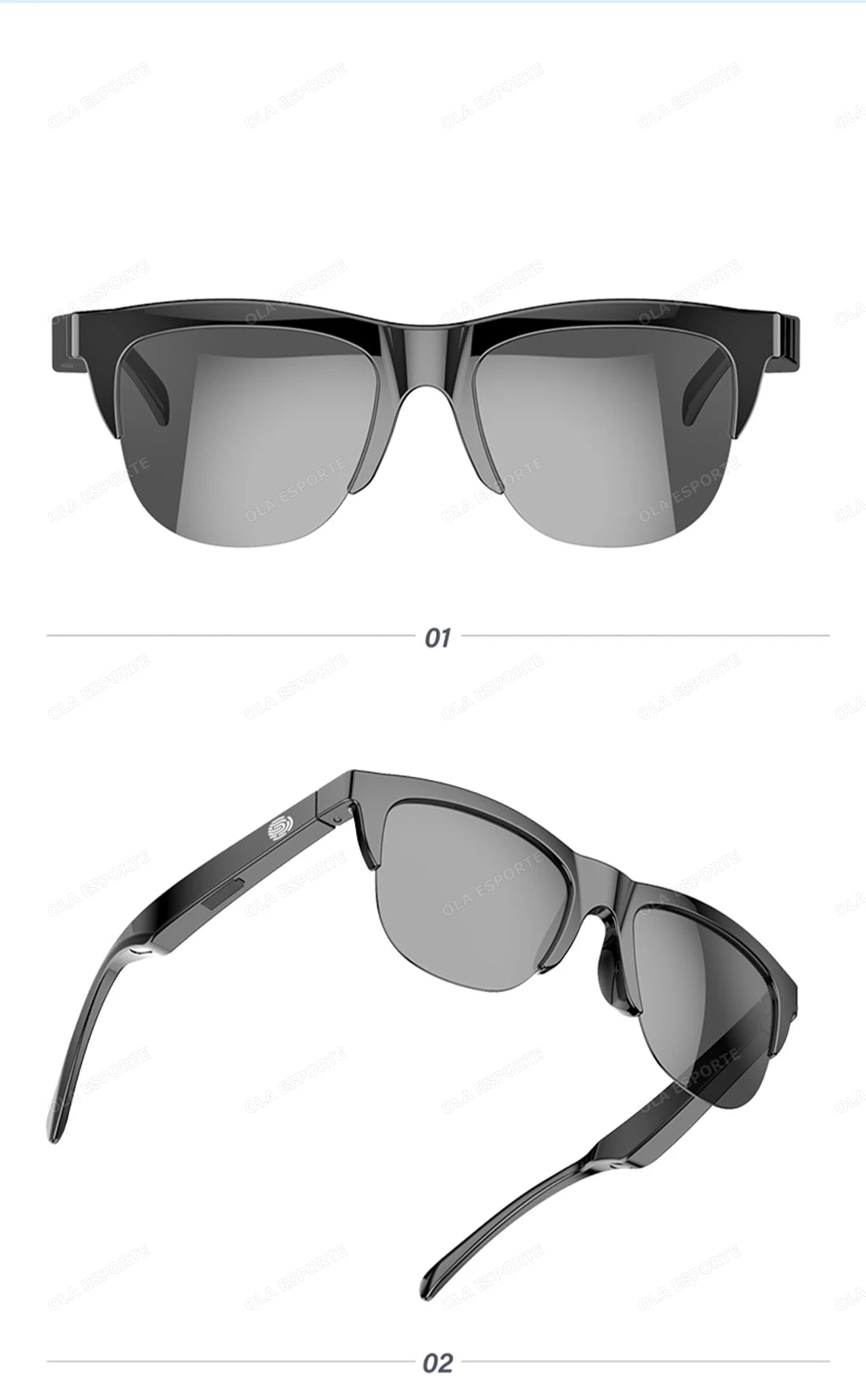 Black sunglasses with reflective lenses on a white background