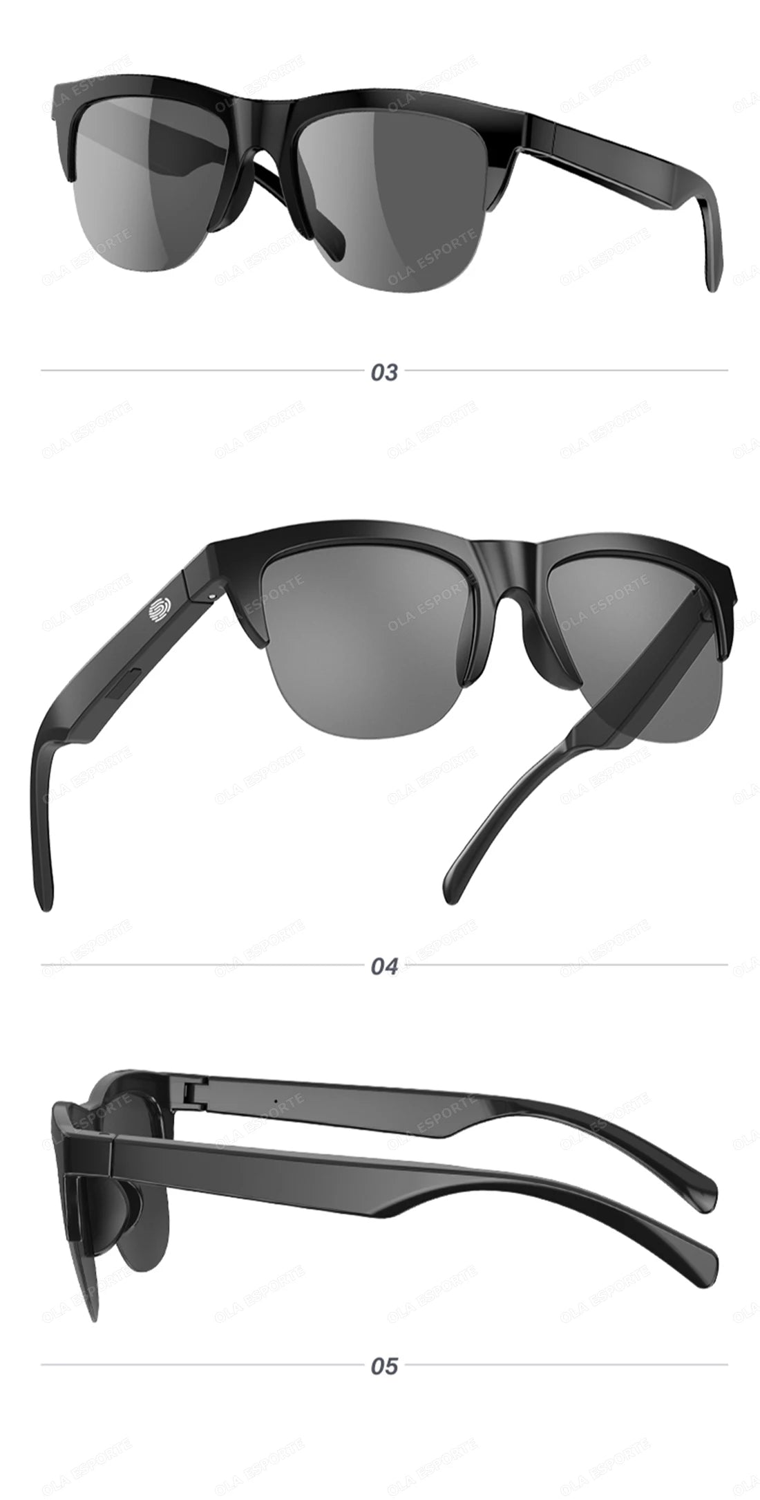 Black sunglasses shown from different angles on a white background