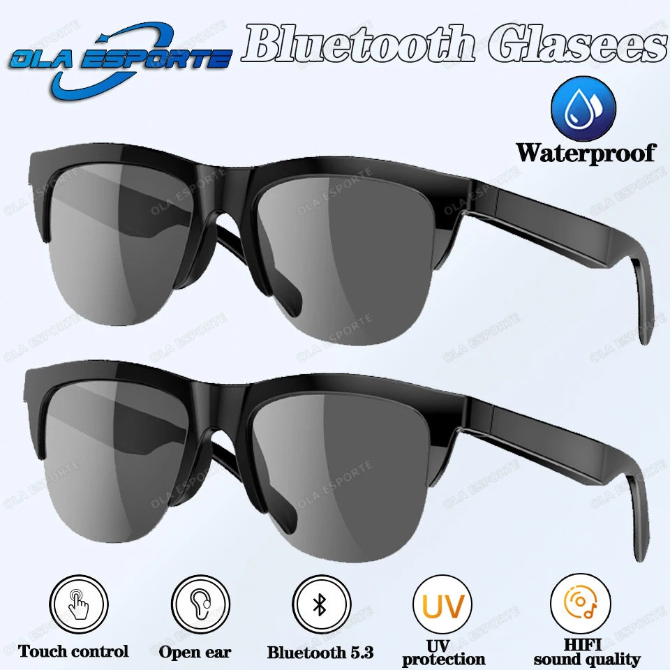 Black Bluetooth glassees with gray lenses on a white background, featuring Ola Esporte branding.