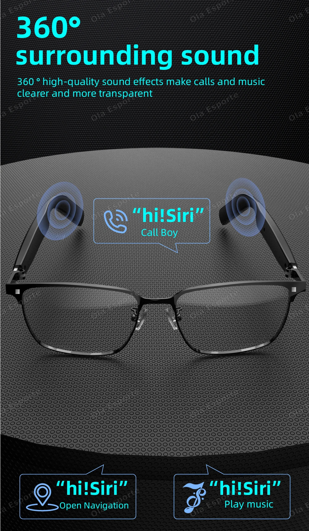 Glasses with a digital display showing 'hi!Siri' on a dark background