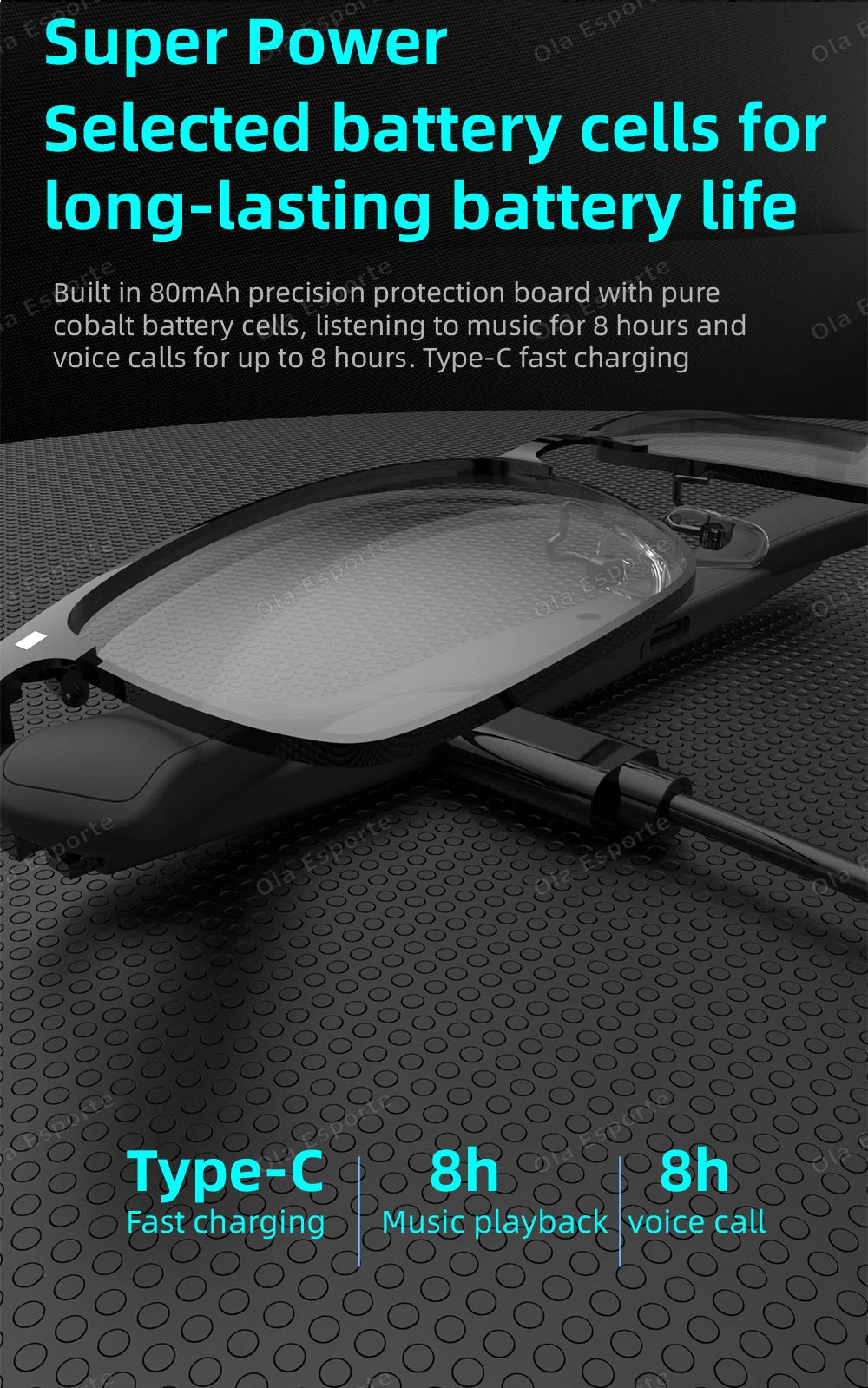 Battery pack with charging cable on a textured surface, featuring text about battery life and charging capabilities.