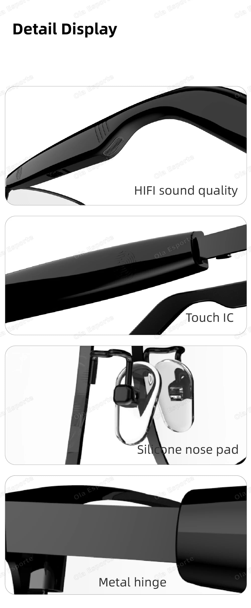 Product features with labels for HIFI sound quality, touch IC, silicone nose pad, and metal hinge.