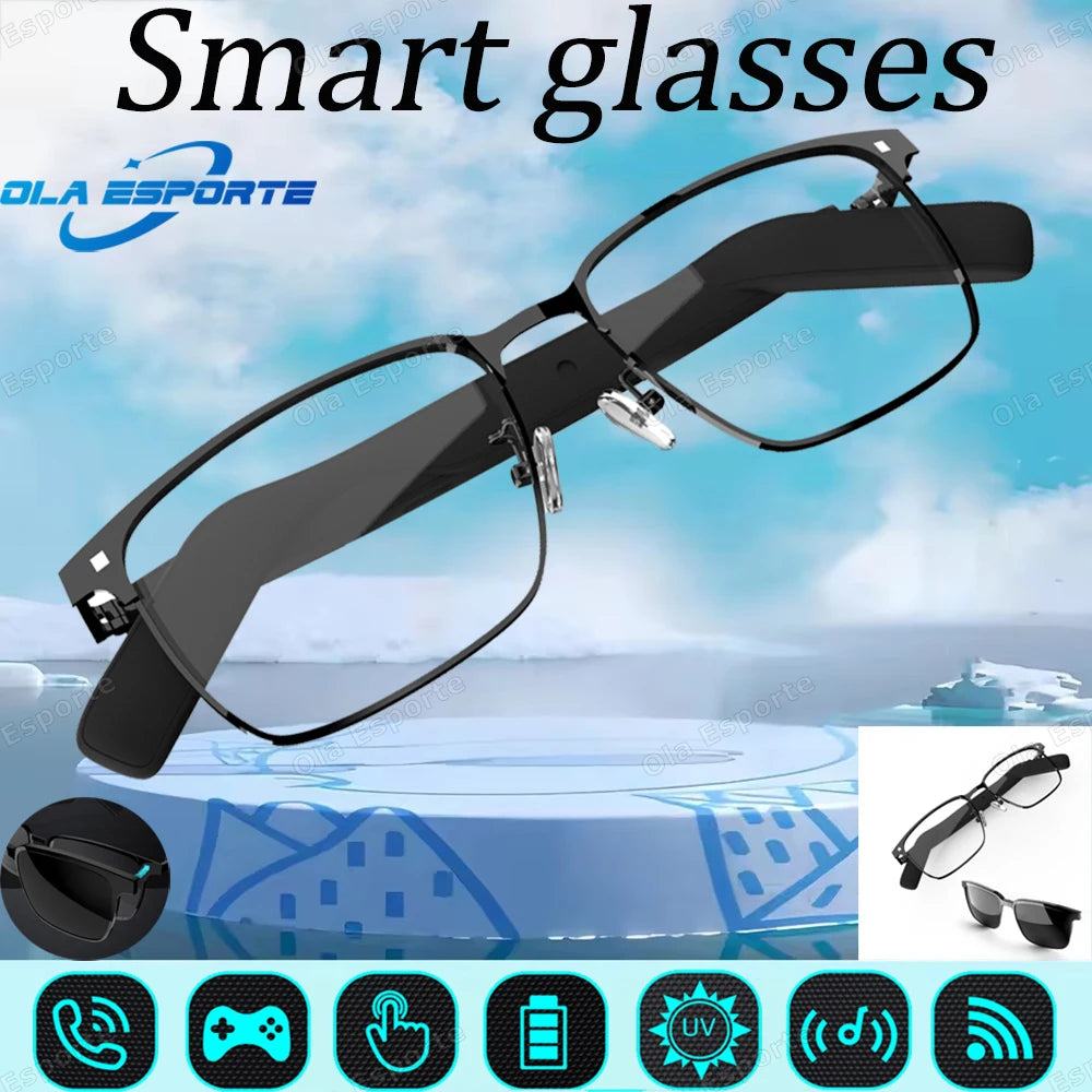 Smart glasses with Ola Esporte logo on a scenic background