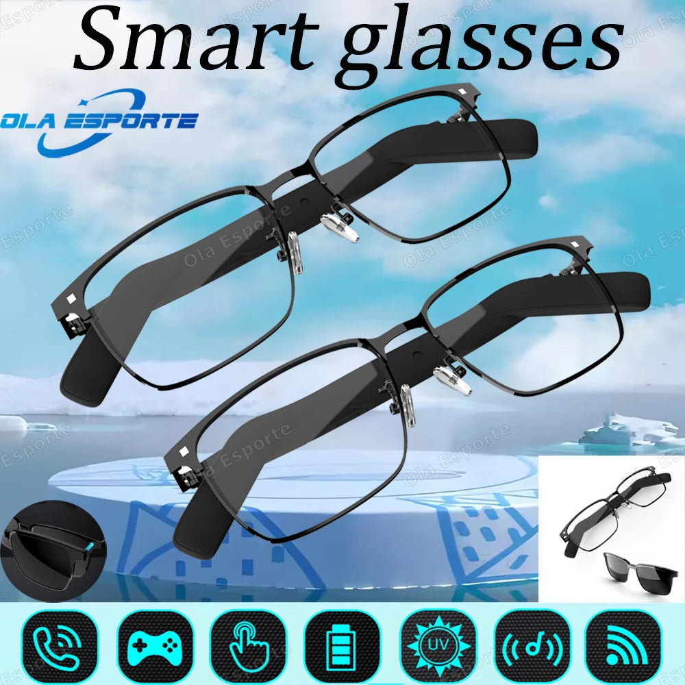 Smart glasses with Ola Esporte branding on a scenic background