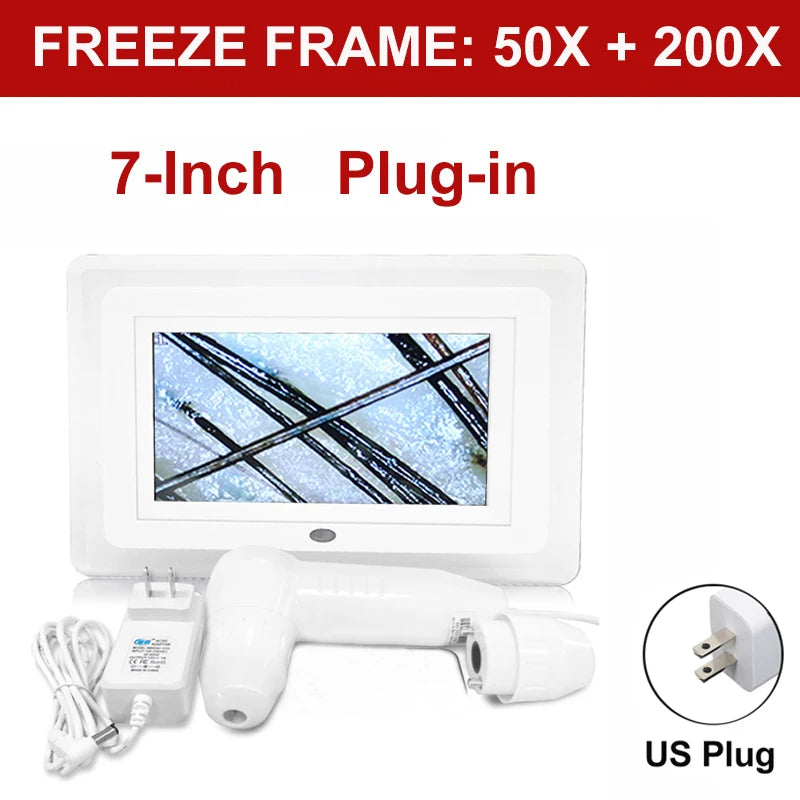 7-inch plug-in device with screen displaying snowflakes, US plug icon, and text about freeze frame capabilities.