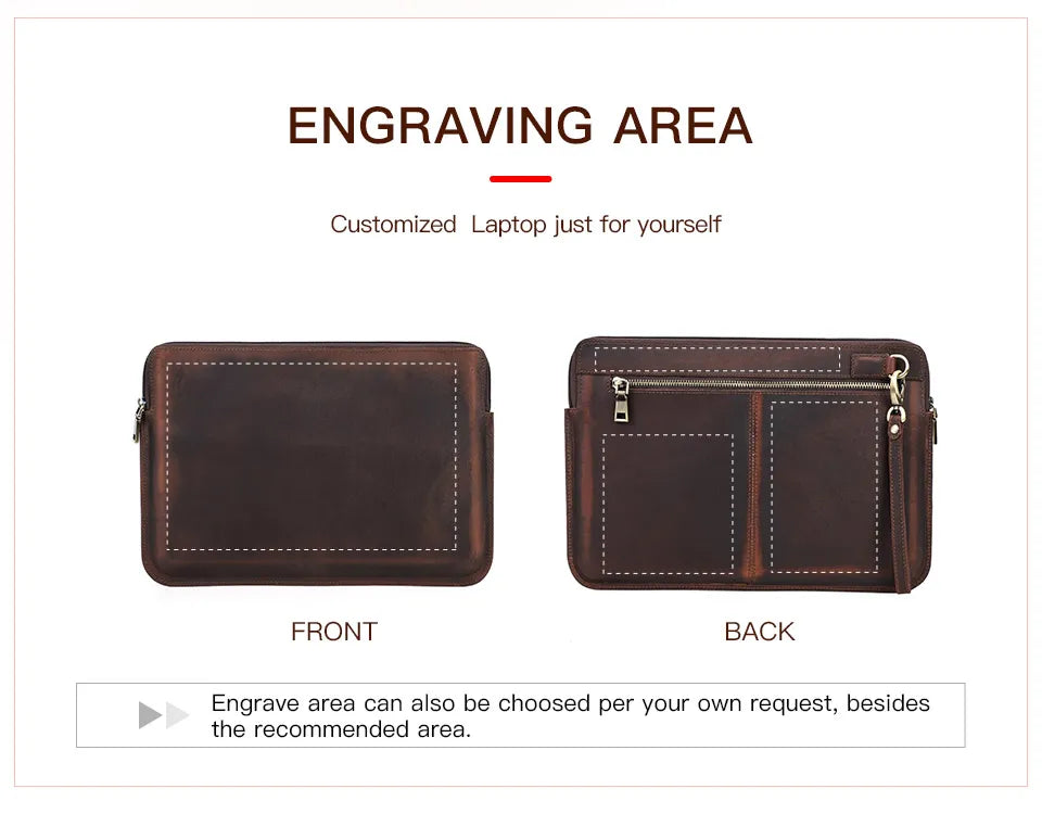 Brown leather pouch with engraving area on front and back, on a white background.