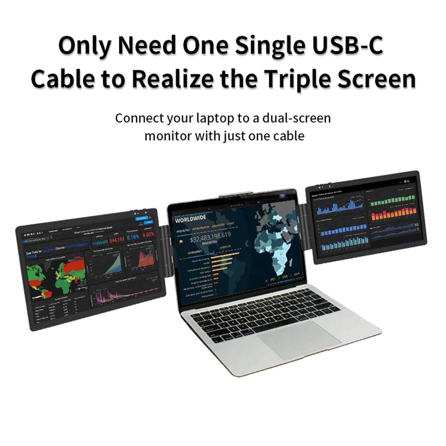"Laptop with dual monitors connected by a USB-C cable on a white background."