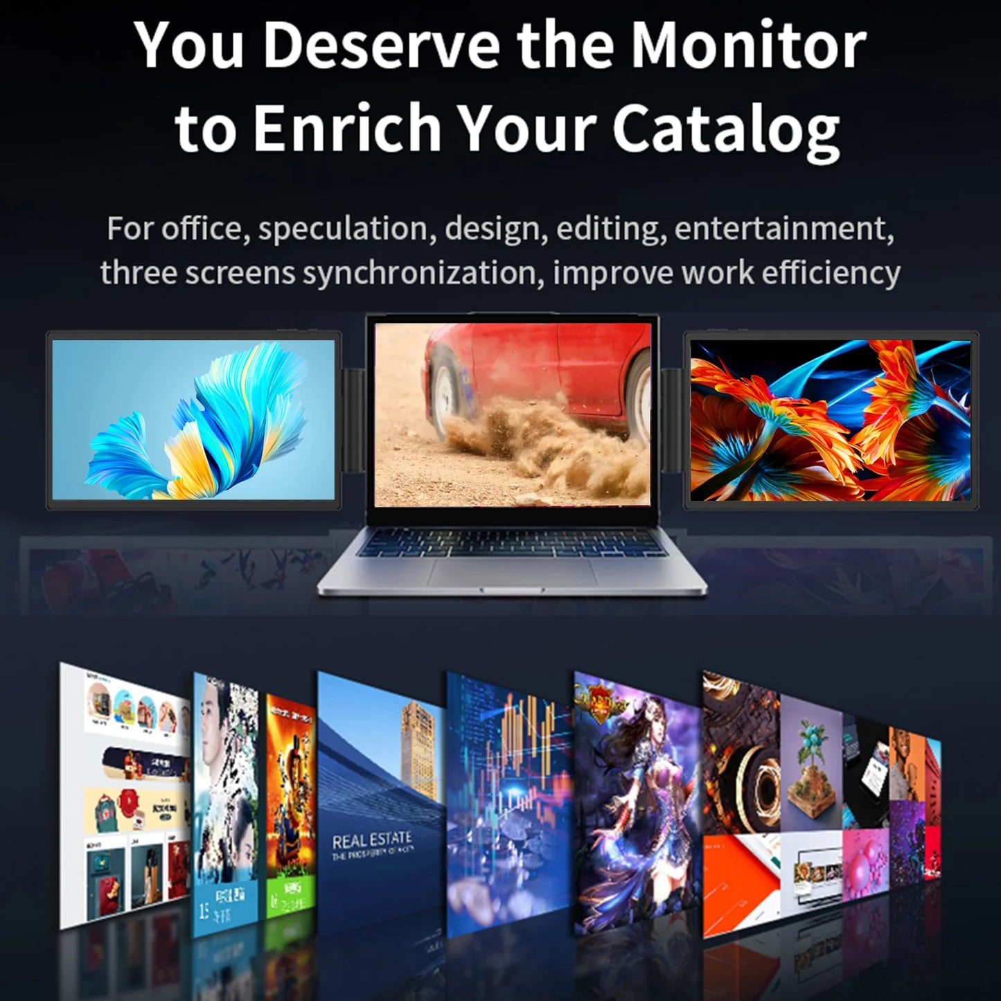 Laptop with three external monitors displaying colorful wallpapers on a dark background.