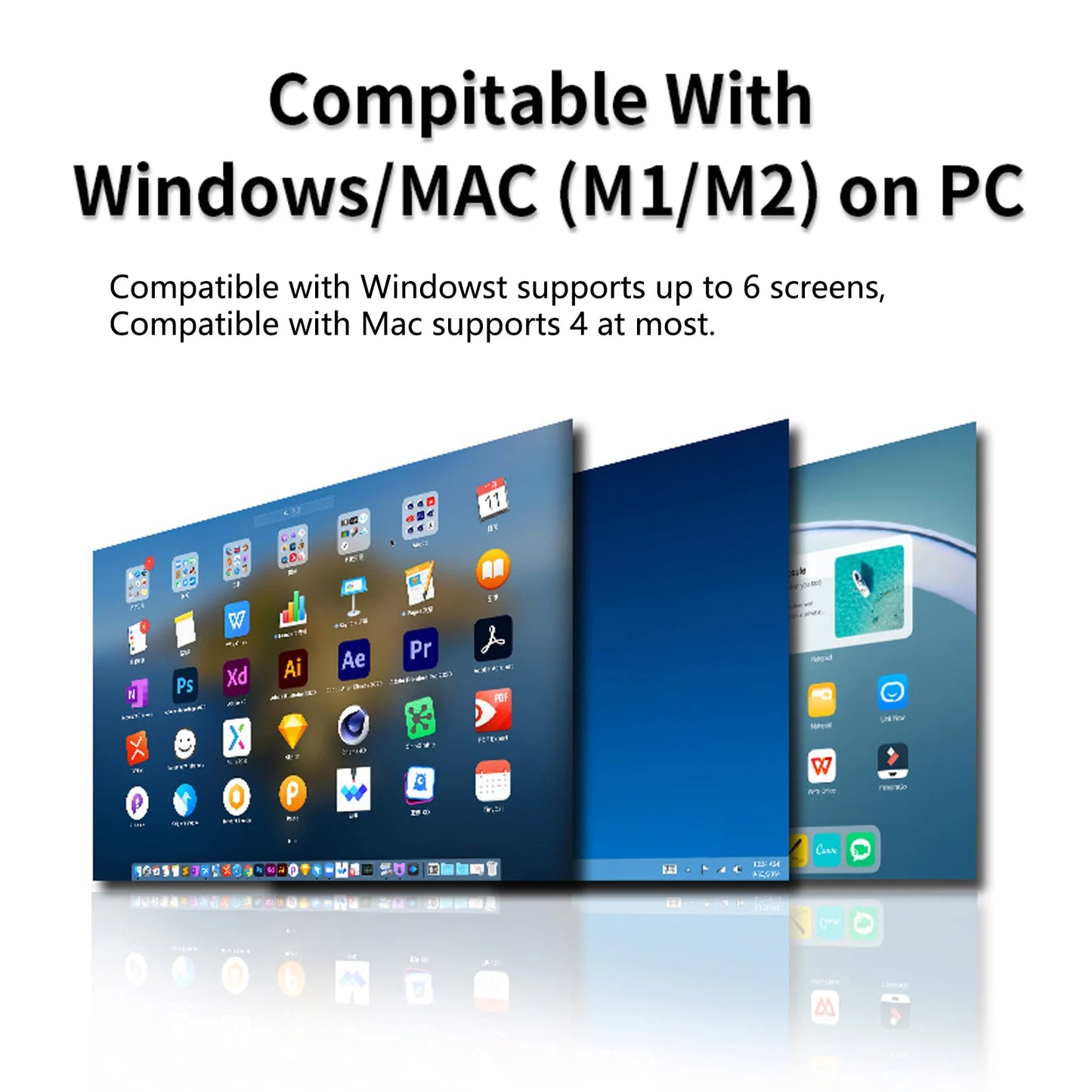 Multiple computer screens displaying software icons with text about compatibility with Windows/MAC on PC.