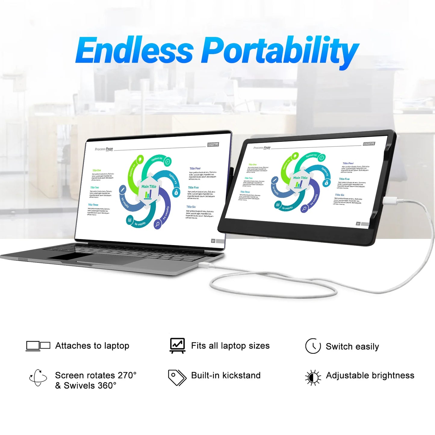 Tablet screen attached to a laptop with features listed below.