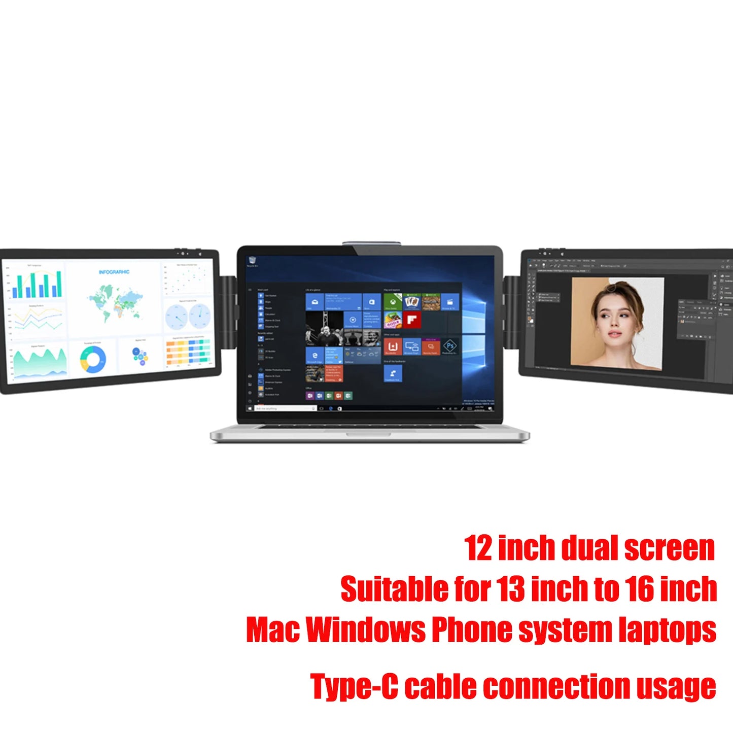 Laptop with a dual screen extension device displaying different applications on a white background.