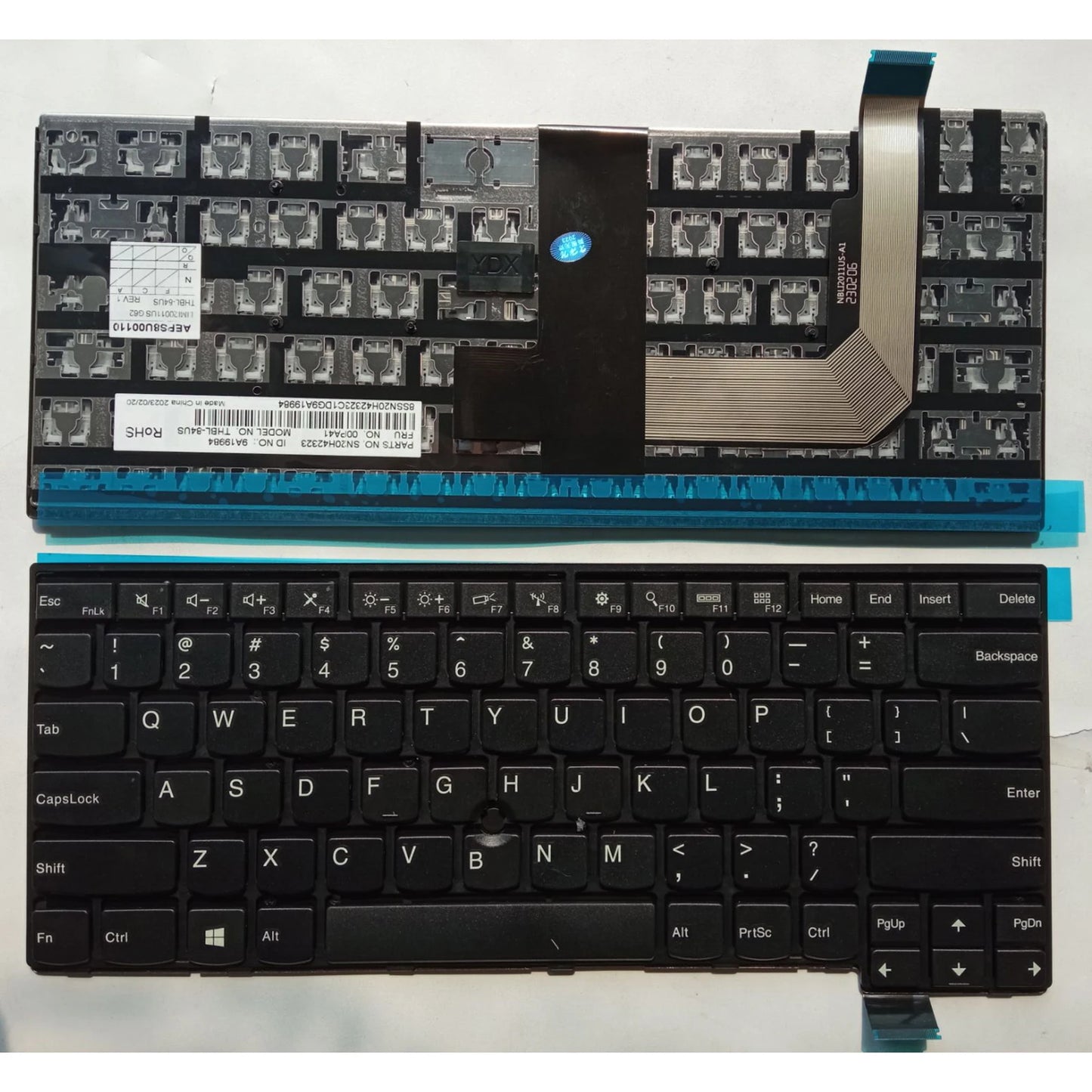 Close-up of a laptop keyboard with a blue frame on a white background