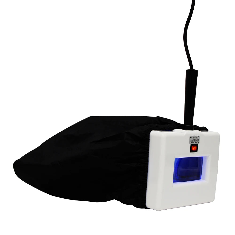 Black bag with a white electronic device featuring a blue light on a white background