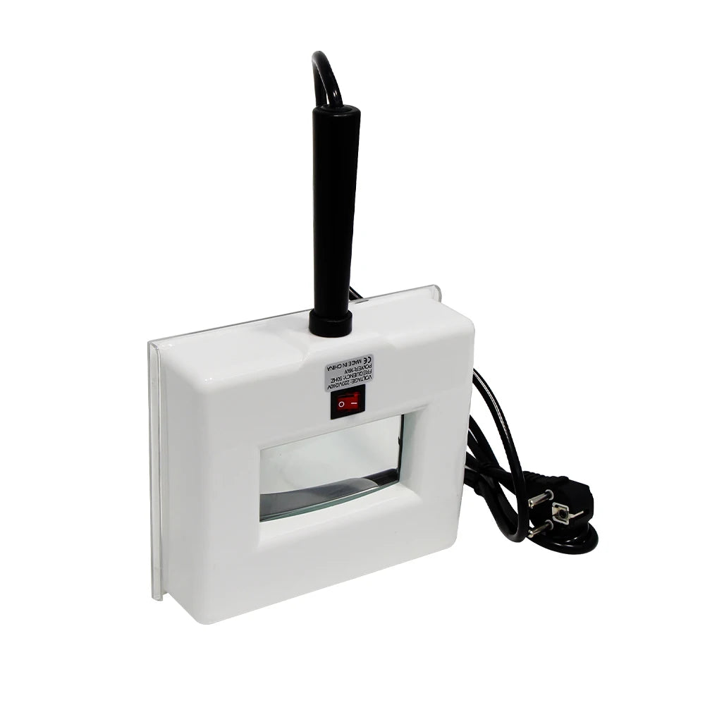 White electronic device with a black cord on a white background
