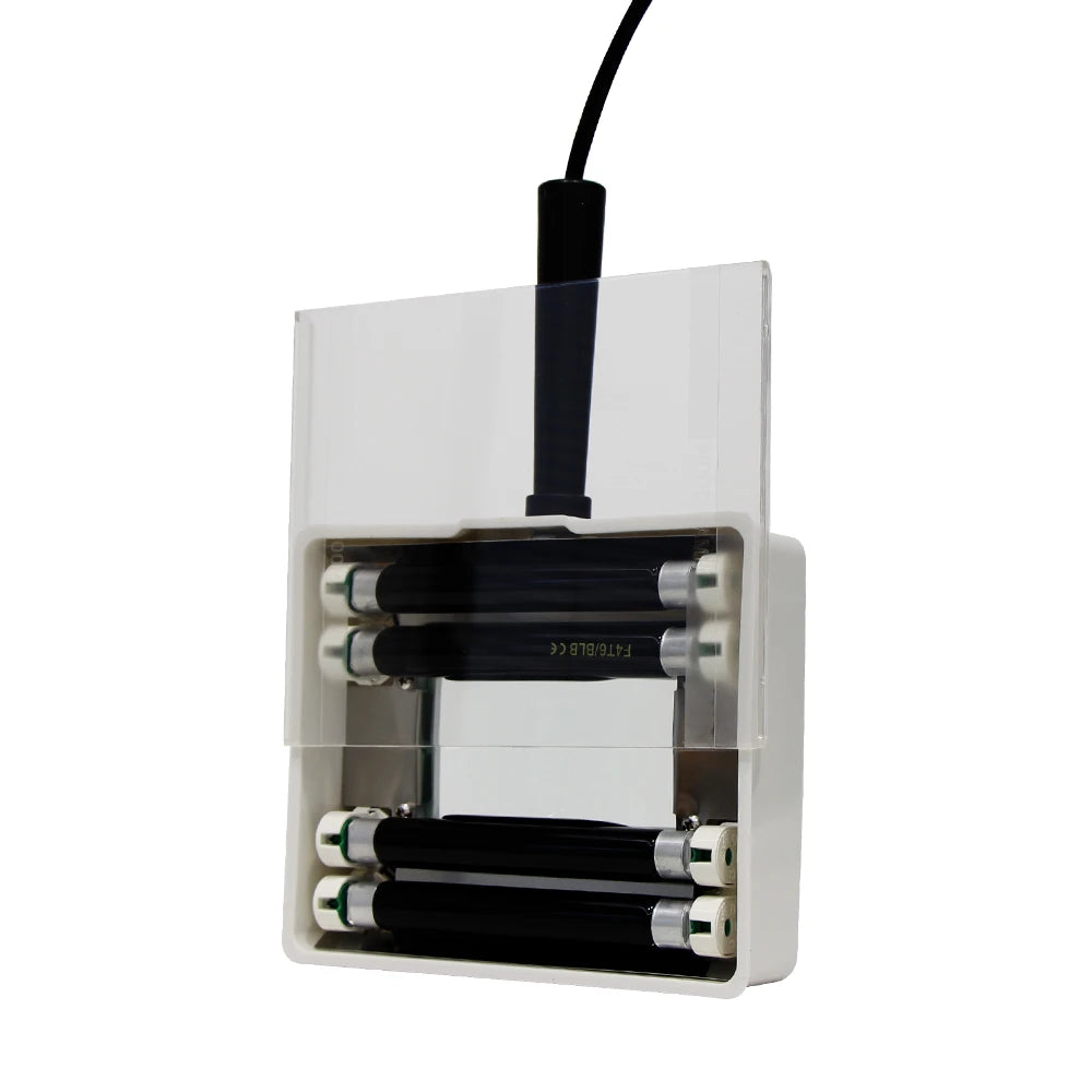 Transparent plastic box with black cylindrical components on a white background