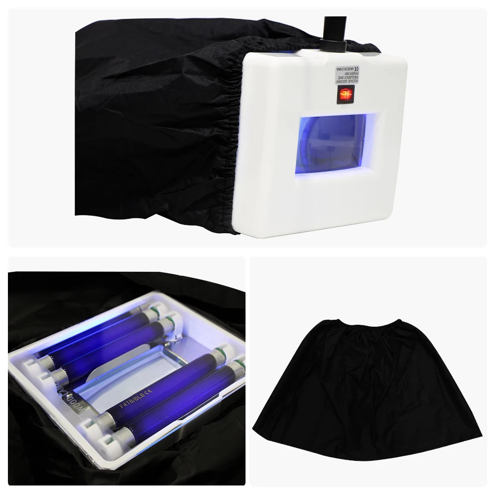Collage of a black photo studio light tent, white light box with blue light, black skirt, and blue light tubes.