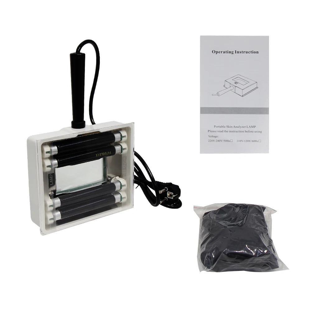 Portable nail analyzer lamp with packaging, power cord, and operating instructions on a white background