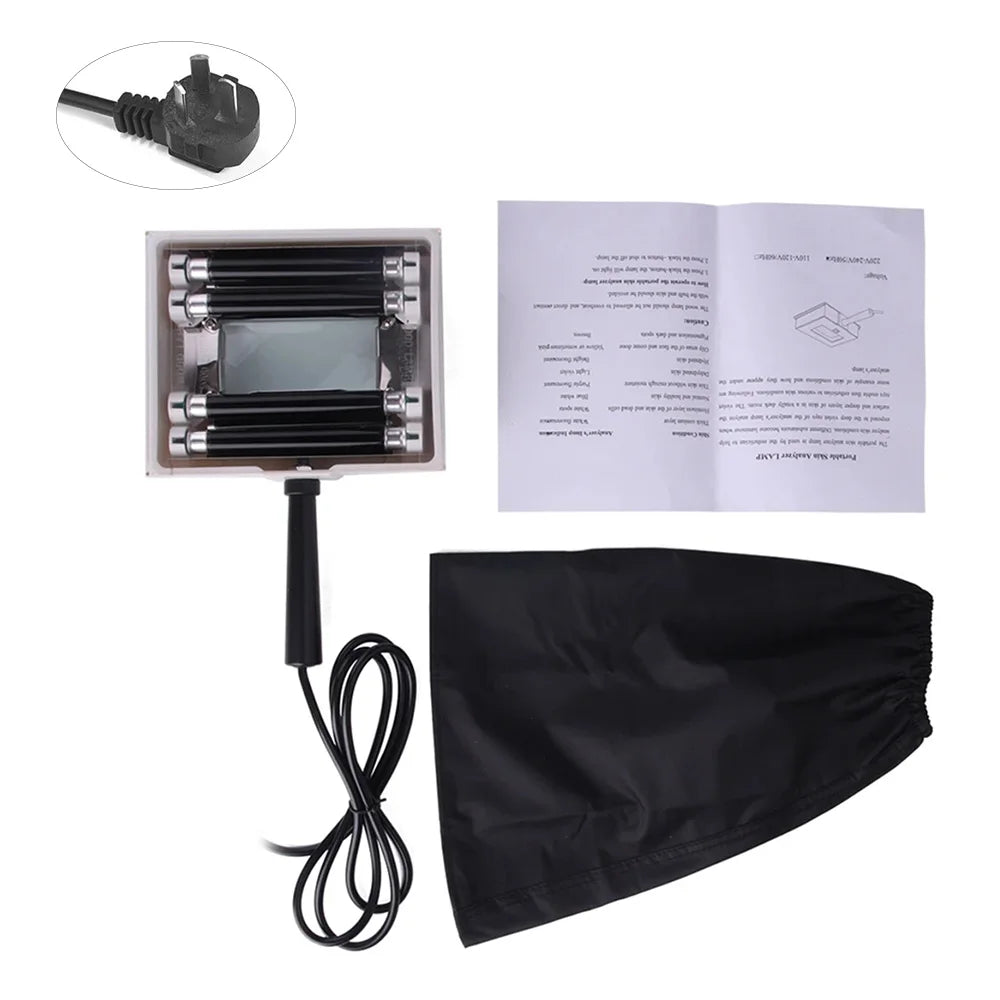 Black electronic device with cable, power plug, and user manual on a white background