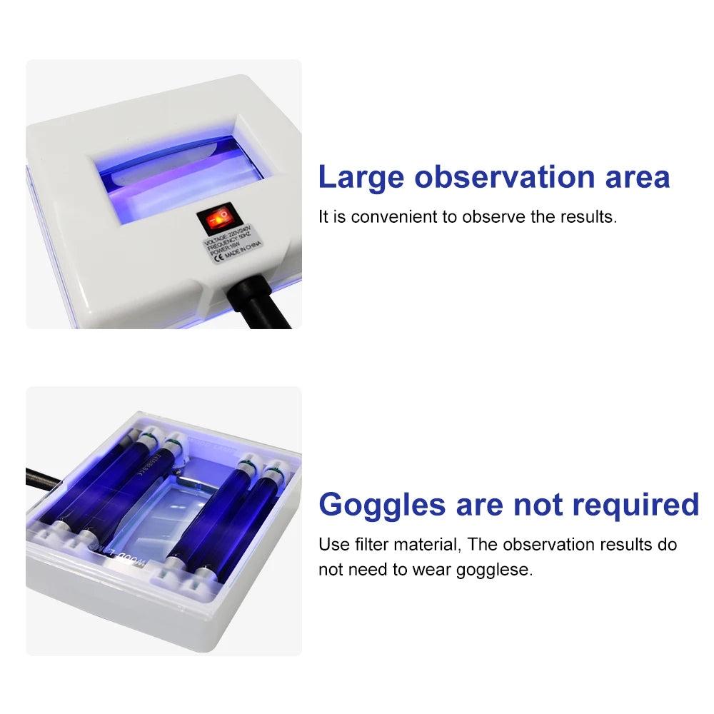 Device with a large observation area for observing results without the need for goggles, featuring text on a white background.