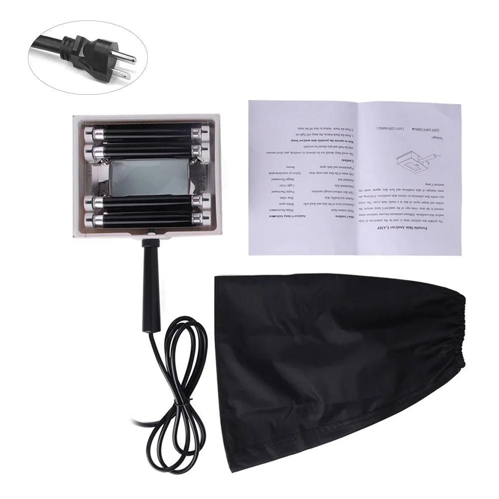 Hair removal device with power cord, black cover, and user manual on a white background