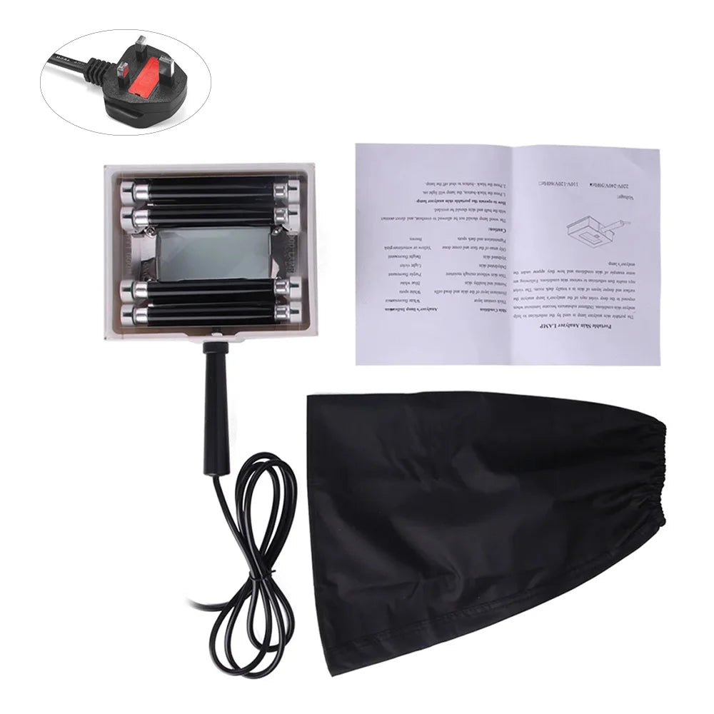 Black hair removal device with power adapter, cable, and user manual on a white background