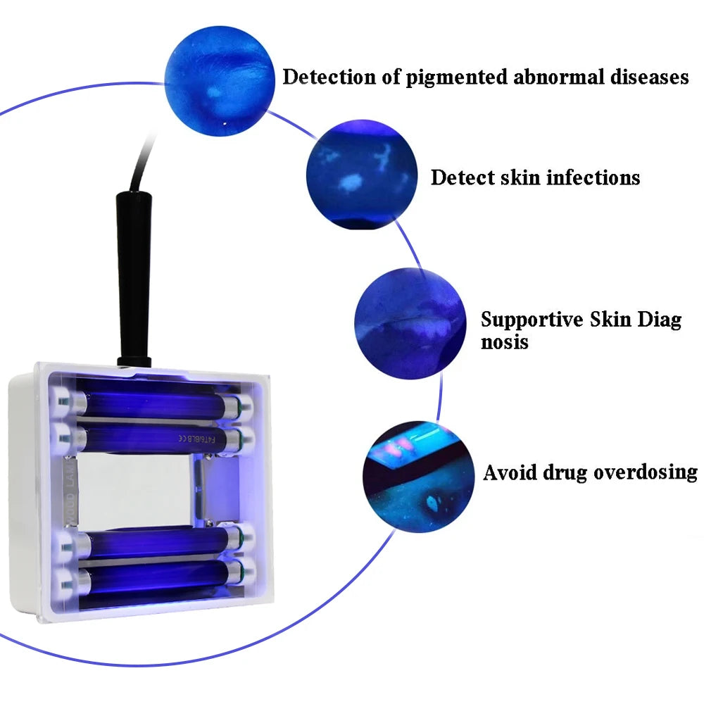 Device with blue lights and text indicating its uses for skin diagnostics.