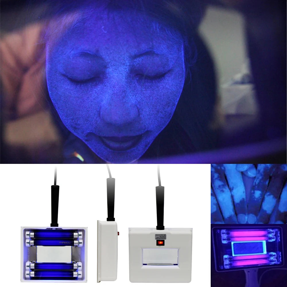 Collage of a person under UV light, UV light sources, and glowing objects.
