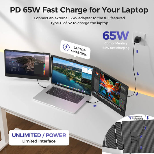 Laptops connected to a power adapter with text about PD 65W fast charging on a white desk.