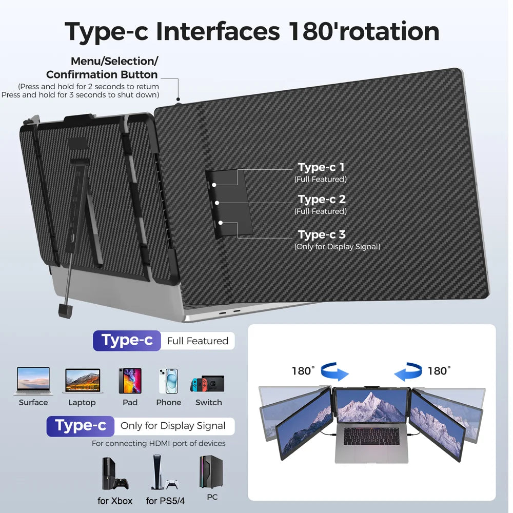 Laptop with multiple Type-C interfaces and display options on a light gray background