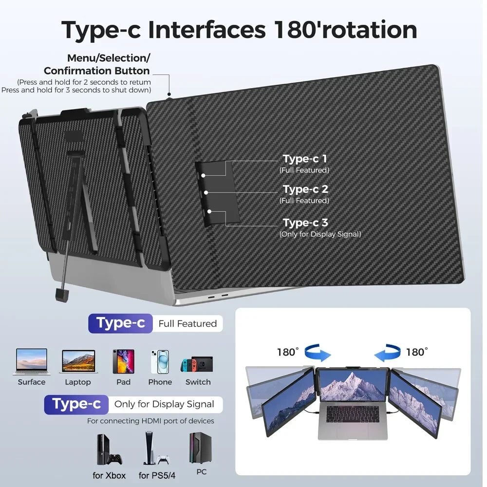 Multi-device stand with Type-C interfaces and 180-degree rotation capabilities on a light gray background.