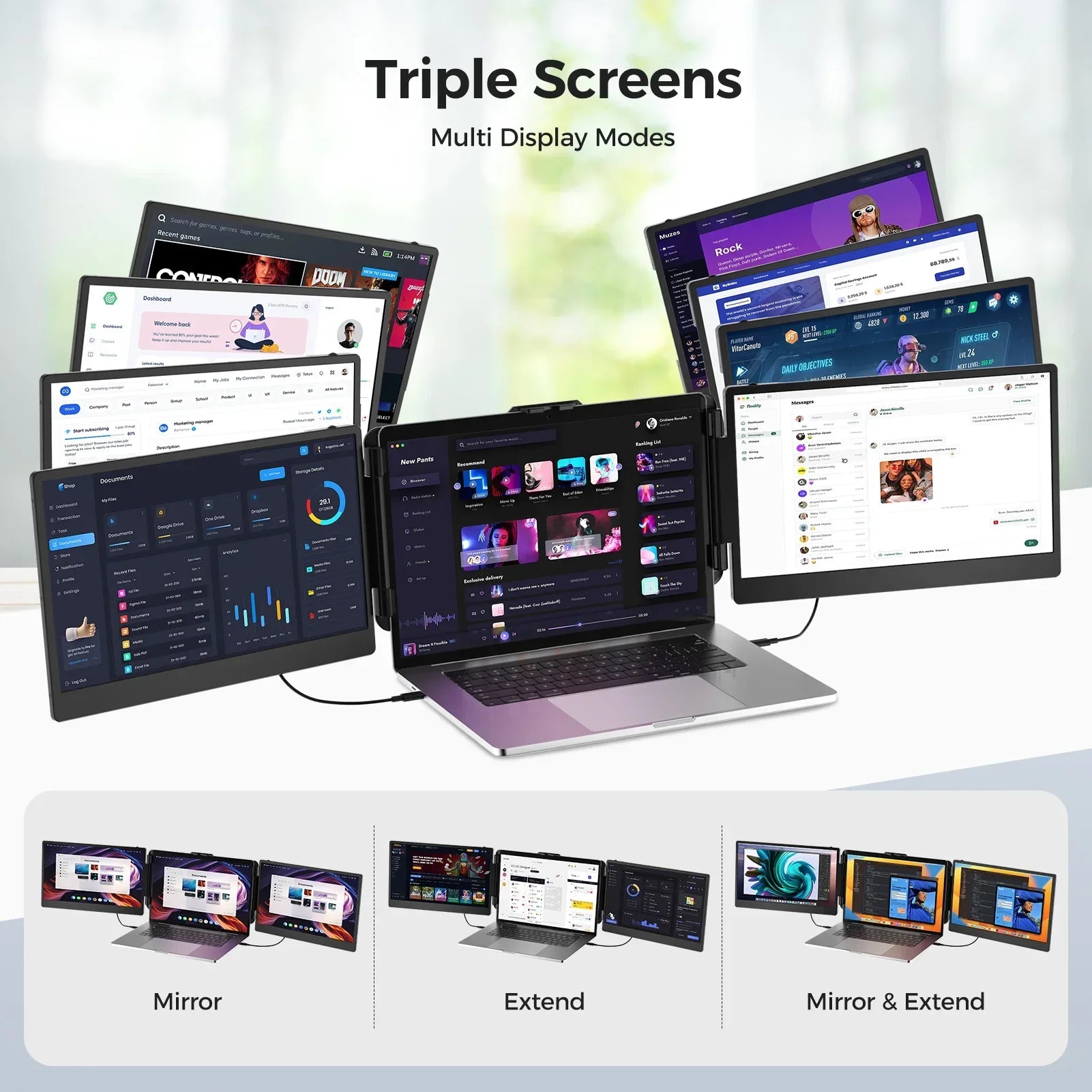Laptop with multiple screens displaying different applications on a white background
