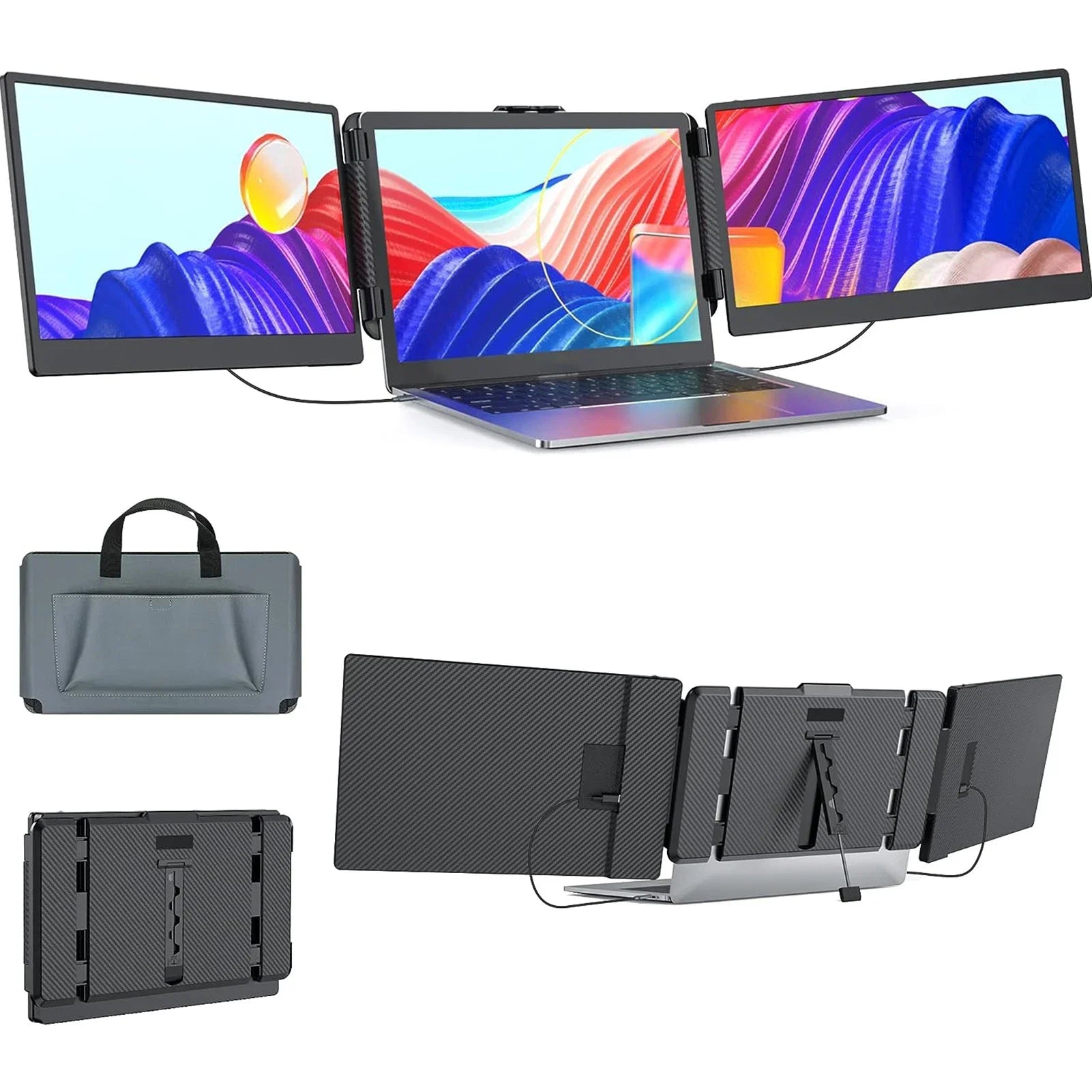 Laptop with multiple monitor stands and cases on a white background