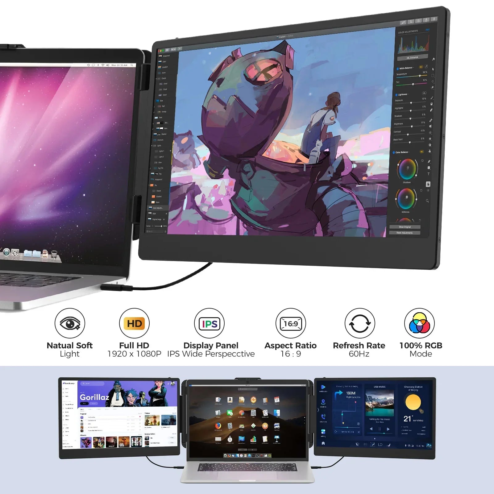 Laptop with a large external monitor displaying an animated scene, surrounded by various display settings icons.