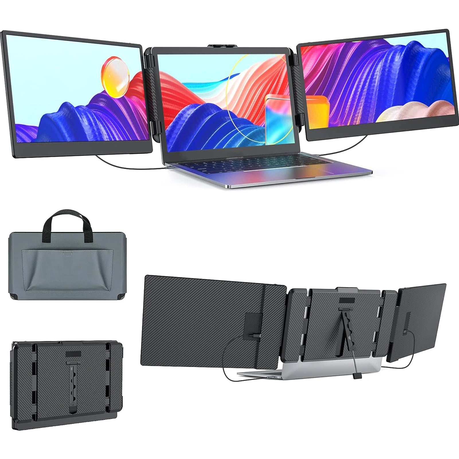 Laptop with multiple screen extensions and carrying case on a white background