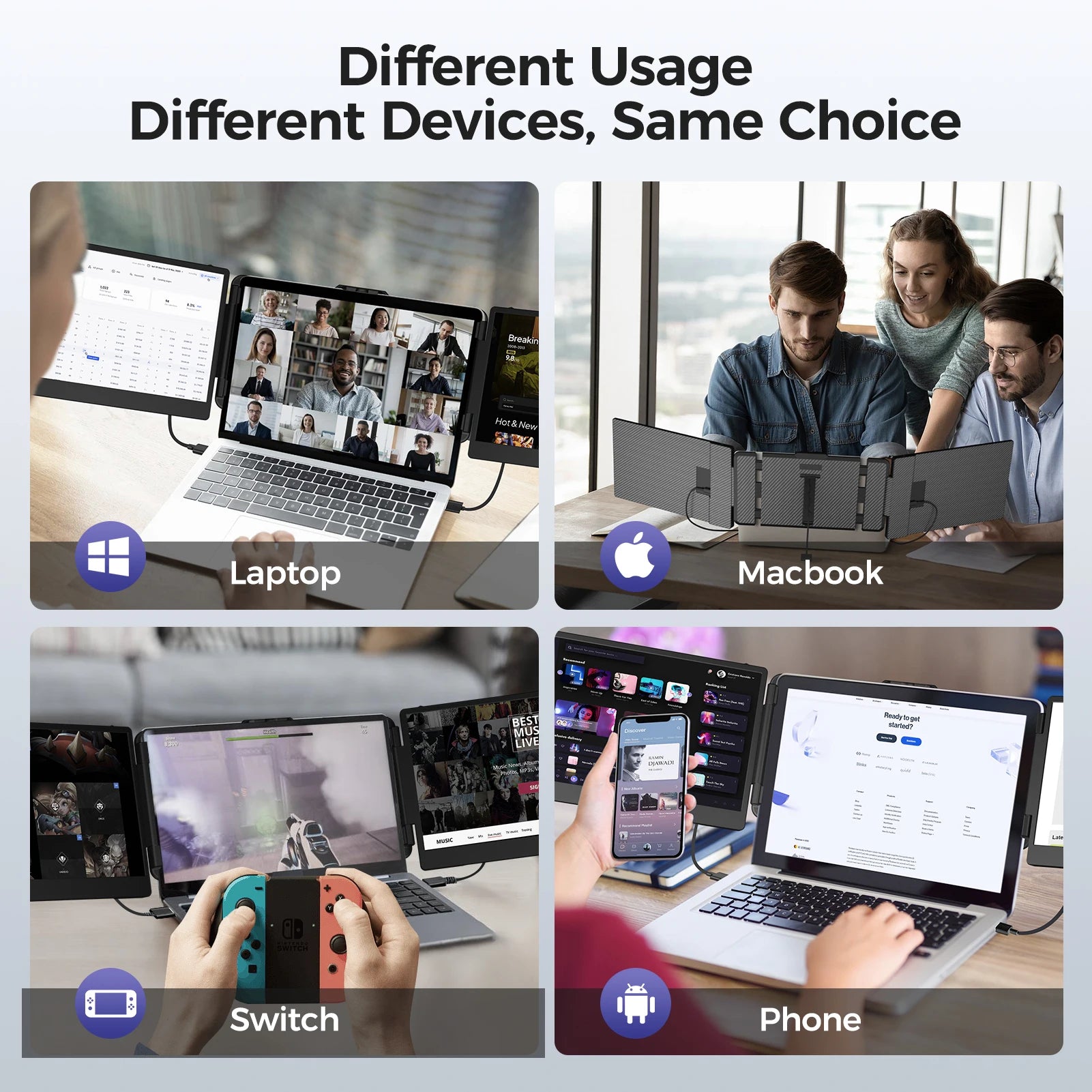 Collage of people using various devices for different activities with text 'Different Usage, Different Devices, Same Choice'.