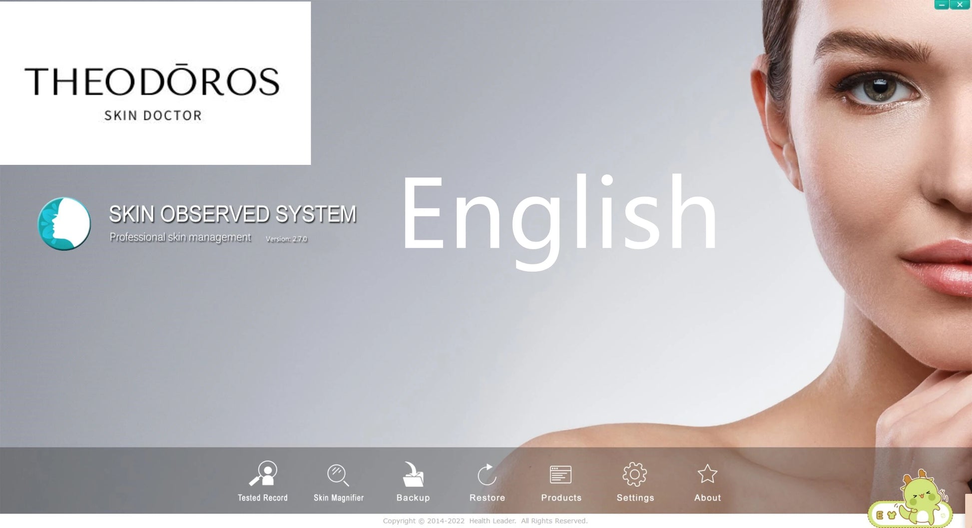 Theodóros Skin Doctor software interface with a woman's face and branding.