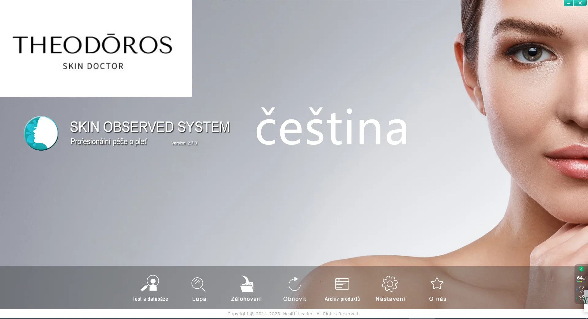 Theodóros Skin Doctor interface with a woman's face on a gray background
